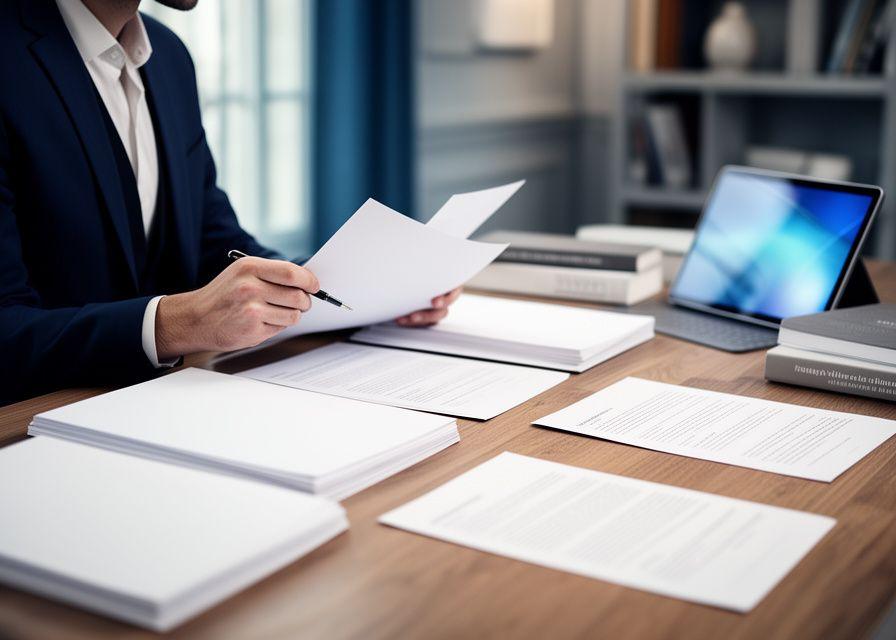 Avocate reviewing publishing contracts in a Paris office with books and annotated documents on a wooden desk